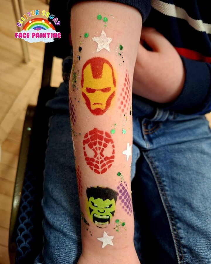 Arm painting with Iron Man, Spider-Man and Hulk