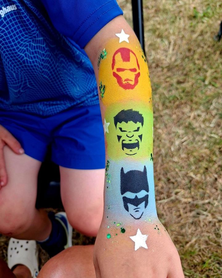 Rainbow arm painting with Iron Man, Hulk and Batman